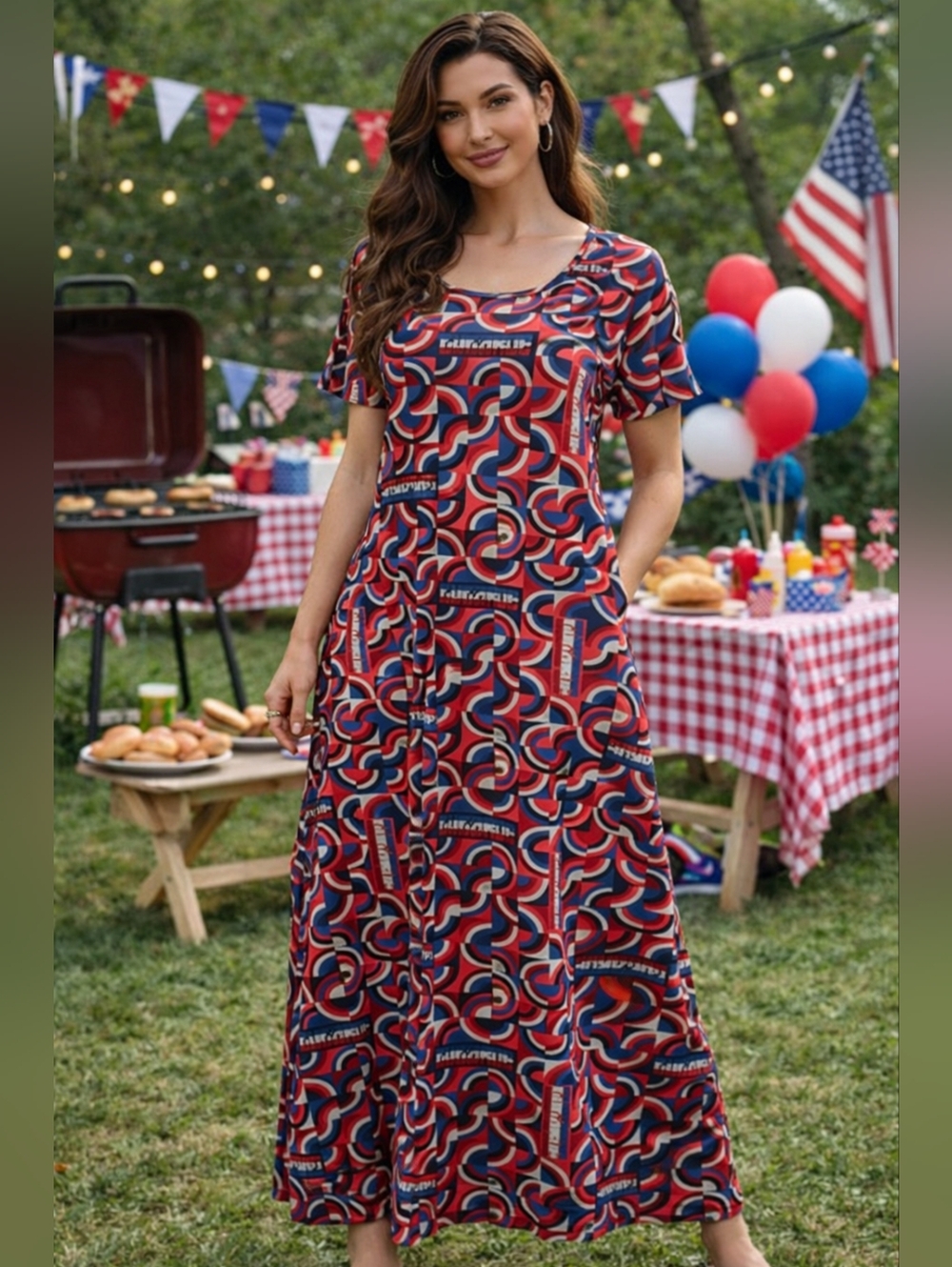 NWT LuLaRoe Maria Maxi Dress 2XL Red Blue Geometric Patriotic Print
